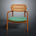 Stylish Leisure Chair With Wooden Frame Curved Armrests Rattan Backrest And Green Cushioned Seat