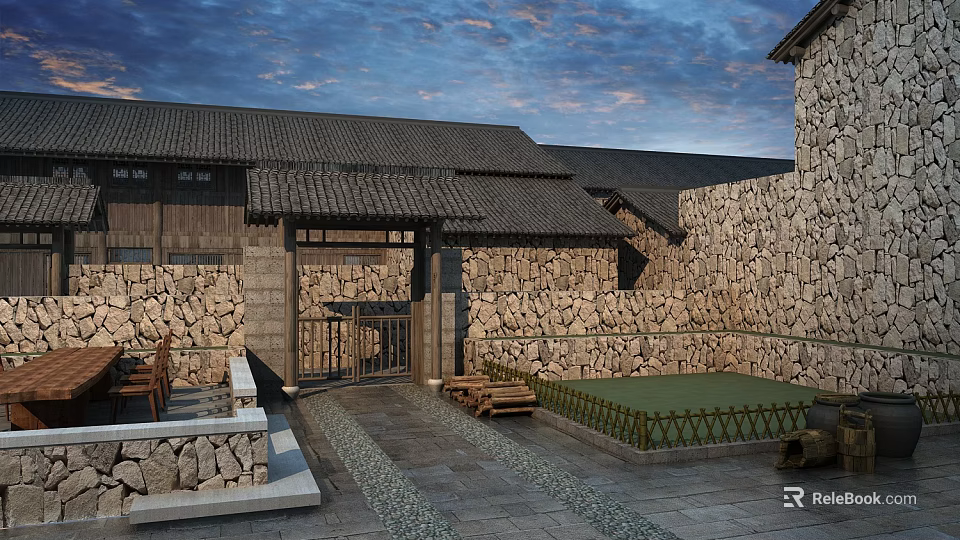 Rustic Entrance Gate With Stone Walls Tiled Roof Wooden Chairs And Courtyard Path 3d model 