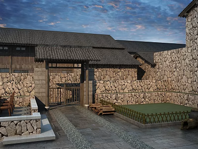 Rustic Entrance Gate With Stone Walls Tiled Roof Wooden Chairs And Courtyard Path 3d model