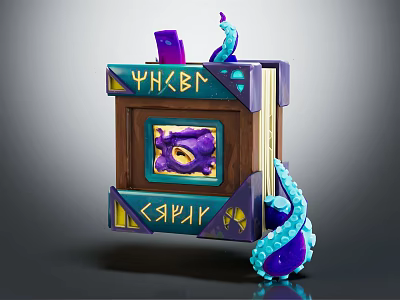 Fantasy Wooden Book Featuring Decorative Purple Elements Blue Tentacles Rune Inscriptions And Central Eye Design 3d model