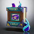 Fantasy Wooden Book Featuring Decorative Purple Elements Blue Tentacles Rune Inscriptions And Central Eye Design