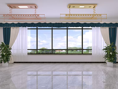 Indoor Clothes Hanger with Ceiling Installation and Window Curtain Green Plants 3d model