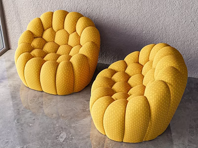 Yellow Tufted Bean Bag Chairs With Round Pouf Design For Modern Living Room 3d model