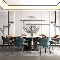 Elegant Restaurant Interior With Round Dining Table Green Brown Chairs Circular Decorative Painting And Hanging Lights