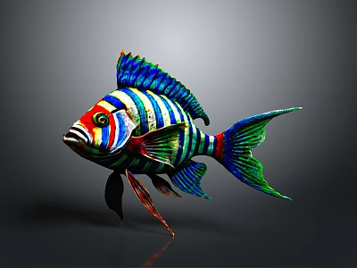 Vibrant Colorful Striped Tropical Fish With Blue Green Red Fins And Tail 3d model