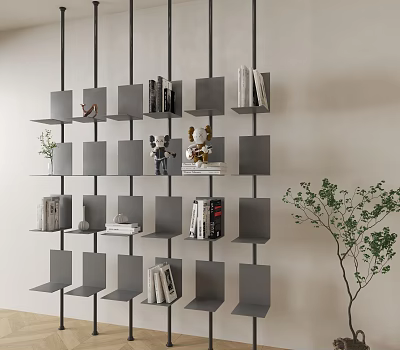 Gray Modular Bookcase Interior Design With Books Decorative Items And Green Plant 3d model