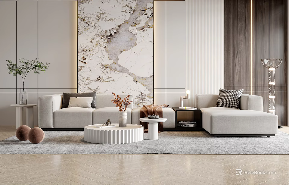 Modern Living Room Sofa And Coffee Table Set With Light Upholstery Round Table Marble Backdrop 3d model 