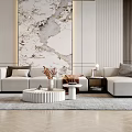 Modern Living Room Sofa And Coffee Table Set With Light Upholstery Round Table Marble Backdrop