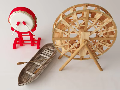 Red Drum With Drumsticks Wooden Water Wheel And Boat Model Decorative Crafts 3d model