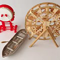Red Drum With Drumsticks Wooden Water Wheel And Boat Model Decorative Crafts