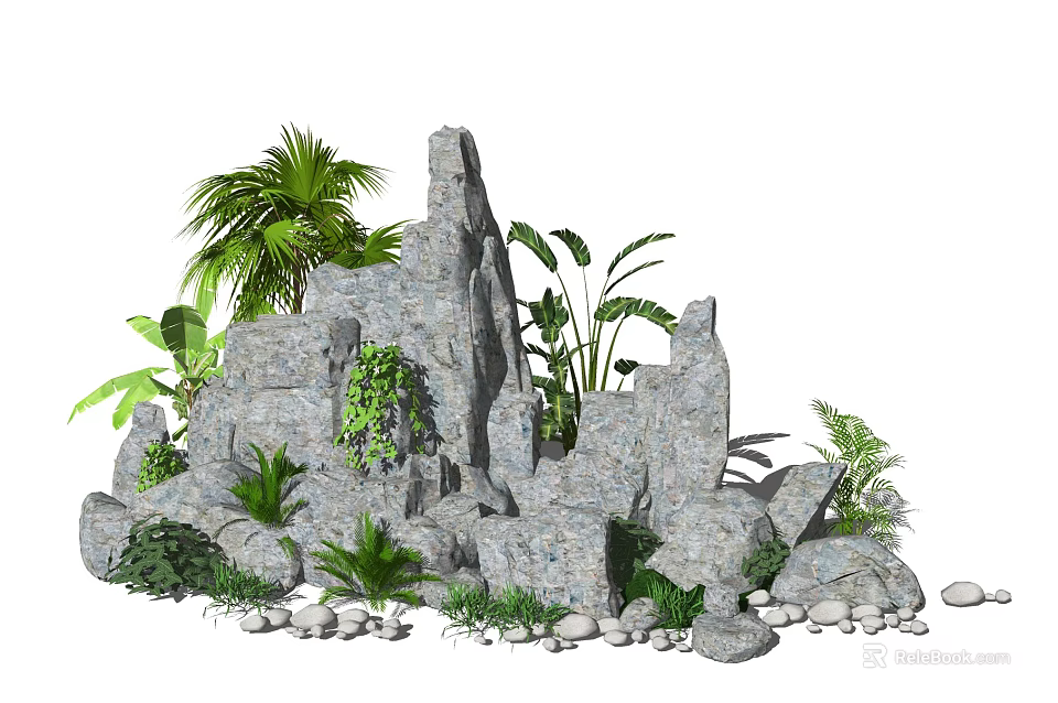 Natural Garden Ornament With Rockery Various Plants And Decorative Stones 3d model 
