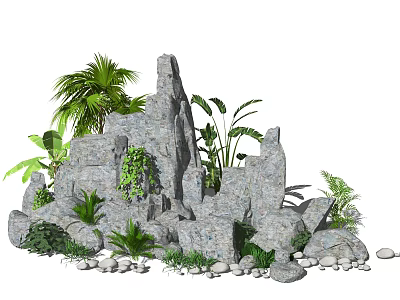 Natural Garden Ornament With Rockery Various Plants And Decorative Stones 3d model