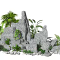 Natural Garden Ornament With Rockery Various Plants And Decorative Stones