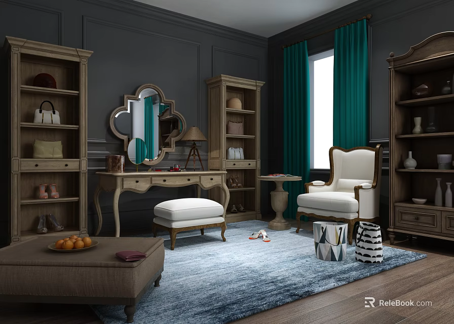 Elegant Dressing Table With Mirror Stool And Green Curtains In Classic Room 3d model 