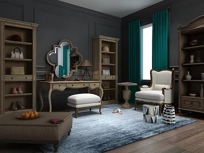 Elegant Dressing Table With Mirror Stool And Green Curtains In Classic Room 3d model