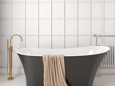 Stylish Black Freestanding Bathtub With Gold Faucet And White Square Tile Wall 3d model
