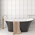 Stylish Black Freestanding Bathtub With Gold Faucet And White Square Tile Wall