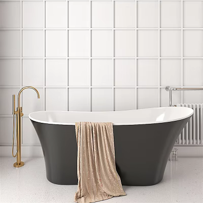 Stylish Black Freestanding Bathtub With Gold Faucet And White Square Tile Wall 3d model