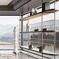 Modern Tea Room Interior With Wooden Table Teaware Pendant Lights And Mountain View