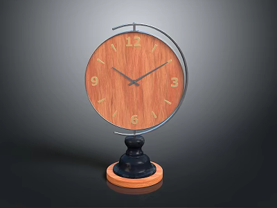 Table Clock With Wooden Dial Metal Frame And Black Orange Base Stand 3d model