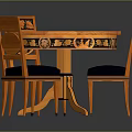 Round Wooden Dining Table With Decorative Inlay And Matching Chairs With Dark Blue Cushions