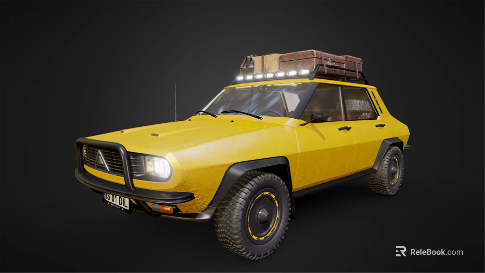 Vibrant Yellow Off Road Vehicle With Roof Cargo Carrier Headlights On And Rugged Tires 3d model 
