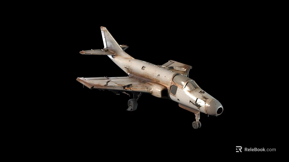 Vintage Metal Airplane Model With Worn Surface Detailed Wings And Landing Gear On Black Background 3d model 