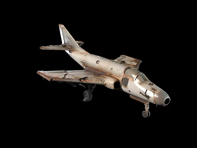 Vintage Metal Airplane Model With Worn Surface Detailed Wings And Landing Gear On Black Background 3d model