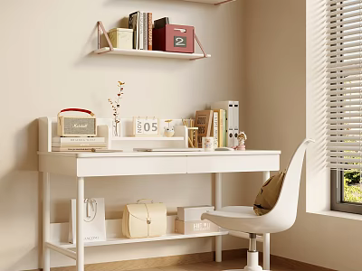 Modern Home Office Workspace With White Desk Shelf Books And Chair 3d model