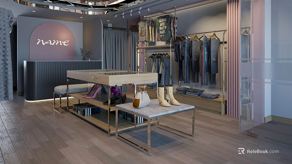 Fashionable Clothing Store Interior Featuring Trendy Apparel Display Racks And Accessories 3d model 