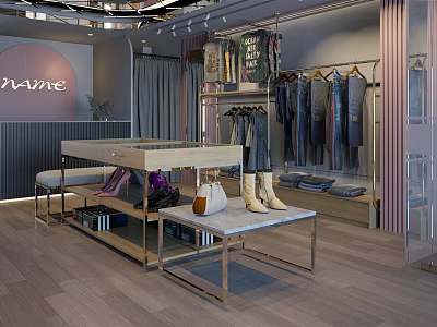 Fashionable Clothing Store Interior Featuring Trendy Apparel Display Racks And Accessories 3d model