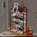 Red Multi Tier Shoe Rack With Shoes And Decorative Items In Entryway