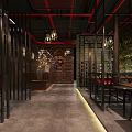 Modern Industrial Hot Pot Restaurant Interior With Hanging Lamps Red Decor And Wooden Tables