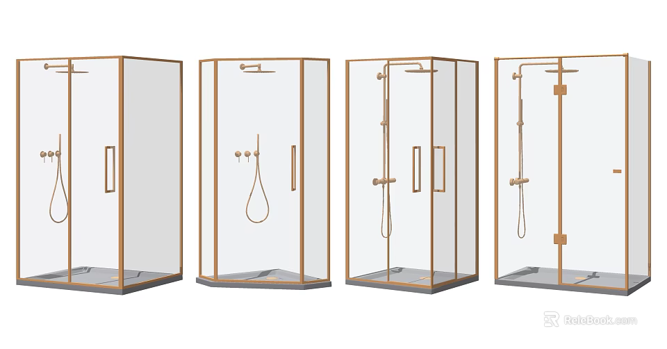 Modern Shower Sauna Enclosures With Transparent Glass Golden Frames And Shower Heads 3d model 