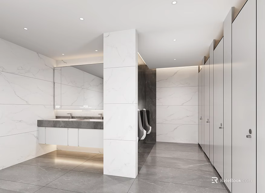 Modern Public Restroom With Marble Walls And Partitions 3d model