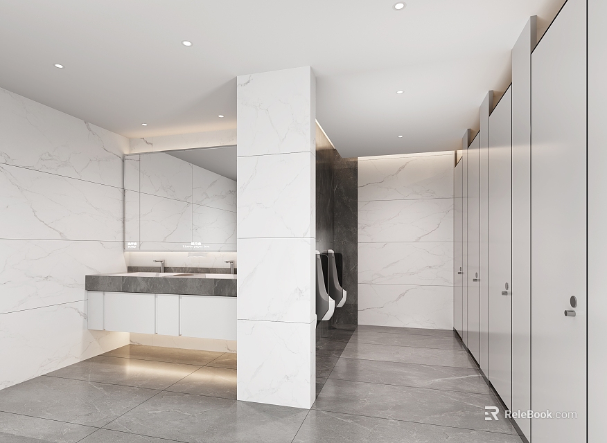 Modern Public Restroom With Marble Walls And Partitions 3d model 