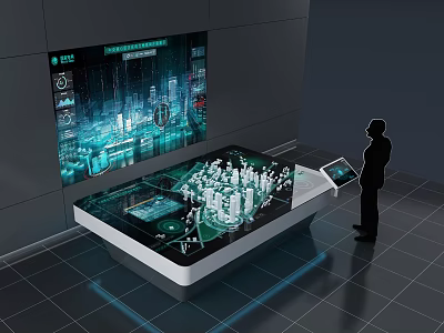 Interactive Digital Table With City Model And Large Screen In Modern Tech Space 3d model