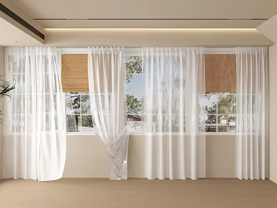 White Sheer Curtains For Modern Interior With Multiple Windows And Natural Light 3d model