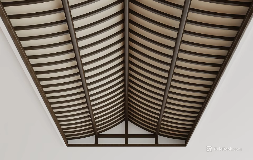 Modern Wooden Strip Ceiling Design With Curved Linear Arrangement And Grid Structure 3d model 