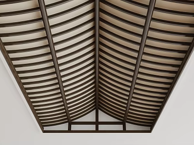 Modern Wooden Strip Ceiling Design With Curved Linear Arrangement And Grid Structure 3d model
