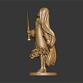 Elegant Detailed Golden Character Statue Holding Weapon Standing On Reflective Platform