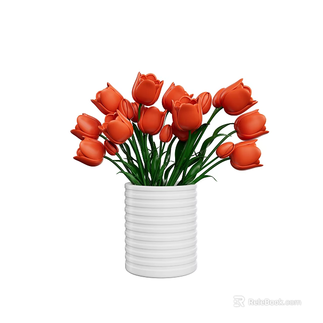 Elegant White Striped Vase With Fresh Orange Tulips Flower Arrangement 3d model 