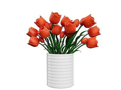 Elegant White Striped Vase With Fresh Orange Tulips Flower Arrangement 3d model