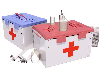 First Aid Boxes With Blue Red Lids White Body Red Cross And Medical Supplies 3d model