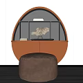 Modern Curved Desk Design with Books Dried Plant Vase and Brown Velvet Pouf