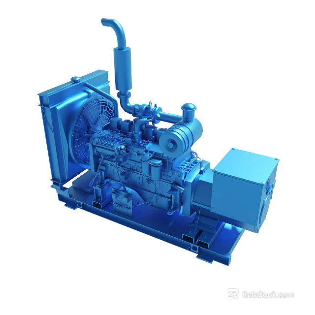 Blue Industrial Generator With Engine Cooling Fan And Control Panel Base Frame 3d model 