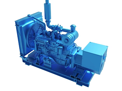 Blue Industrial Generator With Engine Cooling Fan And Control Panel Base Frame 3d model