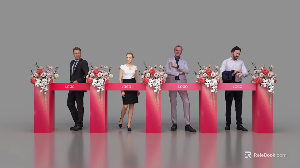 People In Formal Attire At Red Pedestals With Flower Arrangements And LOGO Ceremony Event 3d model 