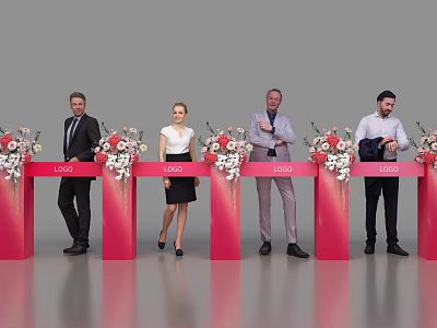 People In Formal Attire At Red Pedestals With Flower Arrangements And LOGO Ceremony Event 3d model