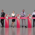 People In Formal Attire At Red Pedestals With Flower Arrangements And LOGO Ceremony Event